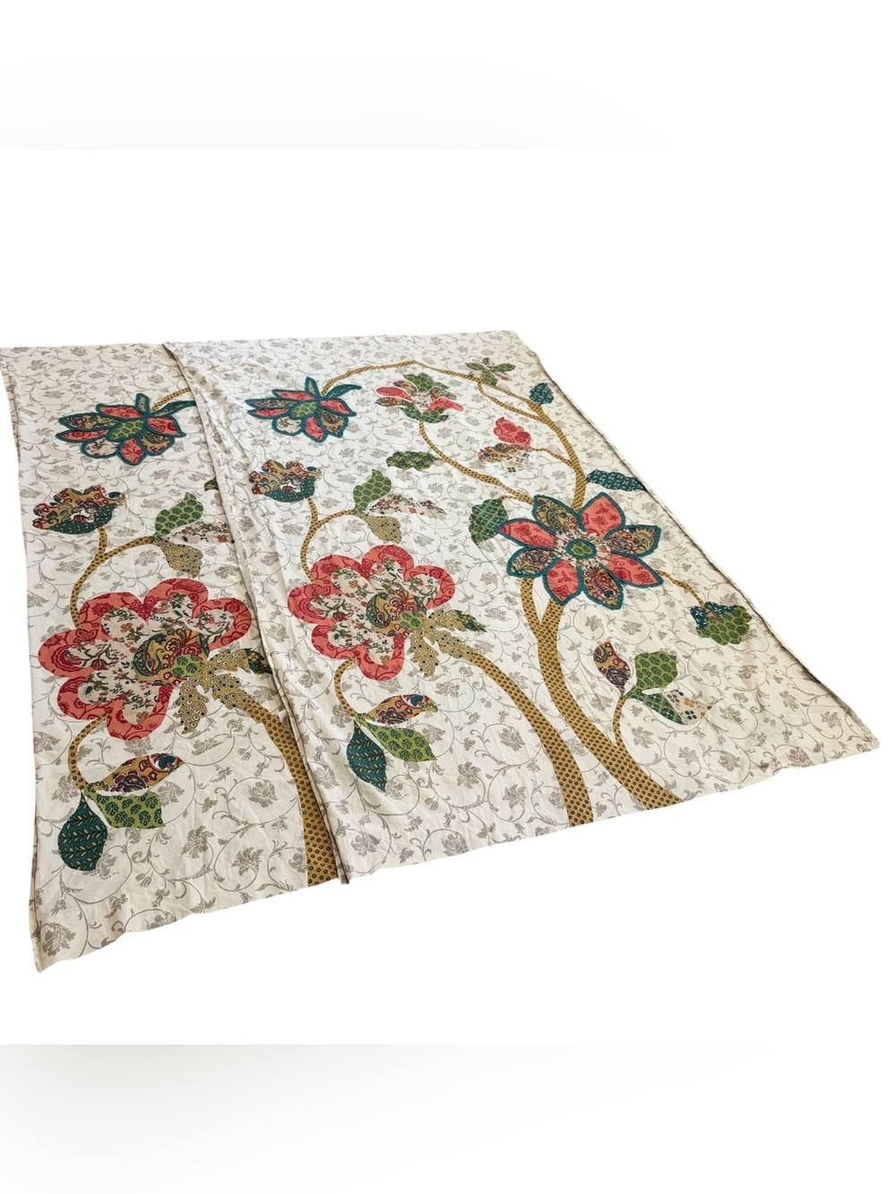 Pier 1 Boho Floral Patchwork Applique Panel Curtain Set 2 Blue Coral Multi 82x52
